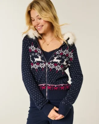 Bluza z kapturem i wykończeniem ze sztucznego futra, zapinana na zamek błyskawiczny, wzór Fair Isle