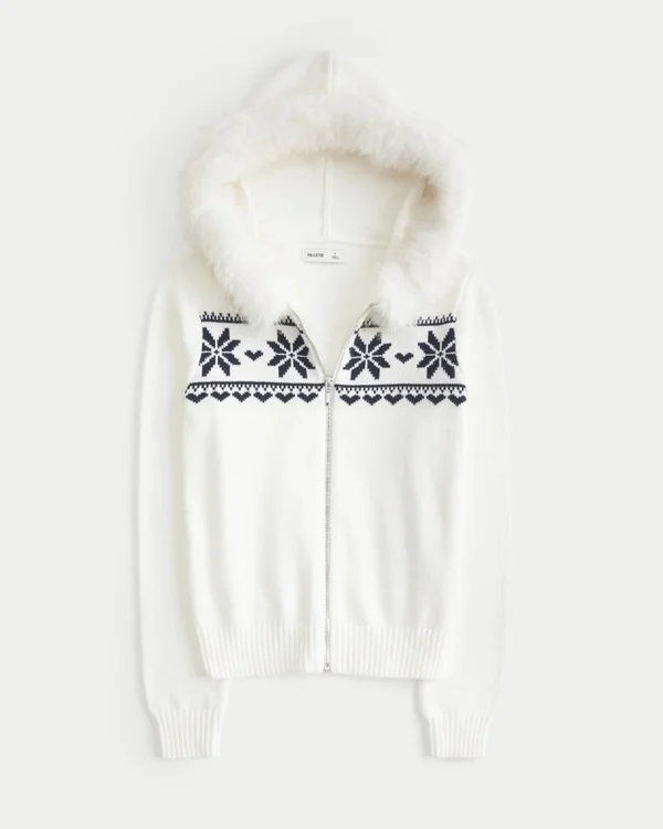 Bluza z kapturem i wykończeniem ze sztucznego futra, zapinana na zamek błyskawiczny, wzór Fair Isle Bluza z kapturem i wykończeniem ze sztucznego futra, zapinana na zamek błyskawiczny, wzór Fair Isle
