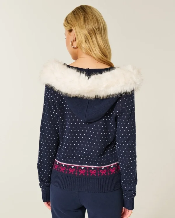 Bluza z kapturem i wykończeniem ze sztucznego futra, zapinana na zamek błyskawiczny, wzór Fair Isle Bluza z kapturem i wykończeniem ze sztucznego futra, zapinana na zamek błyskawiczny, wzór Fair Isle