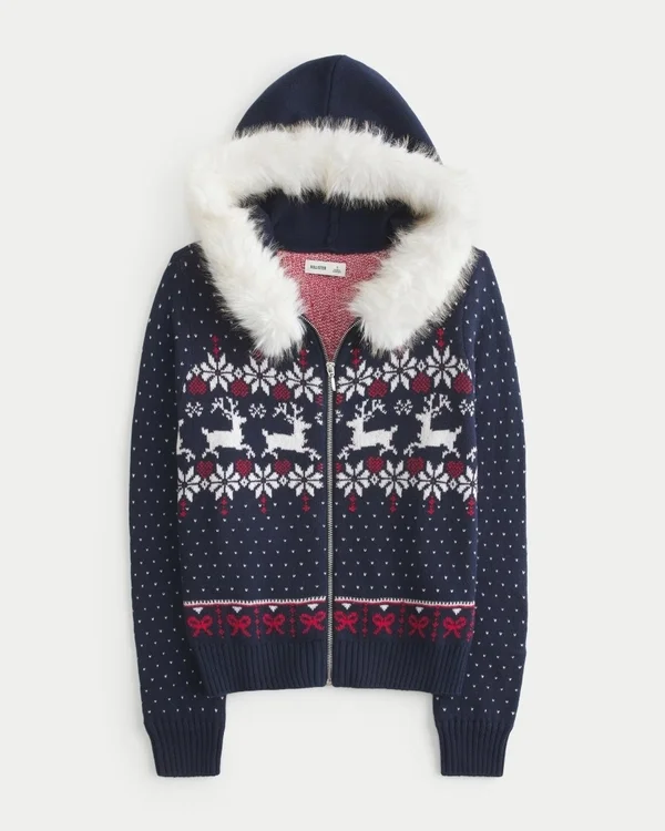 Bluza z kapturem i wykończeniem ze sztucznego futra, zapinana na zamek błyskawiczny, wzór Fair Isle Bluza z kapturem i wykończeniem ze sztucznego futra, zapinana na zamek błyskawiczny, wzór Fair Isle