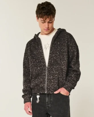 Bluza z kapturem i zamkiem błyskawicznym w panterkę Bluza z kapturem i zamkiem błyskawicznym w panterkę