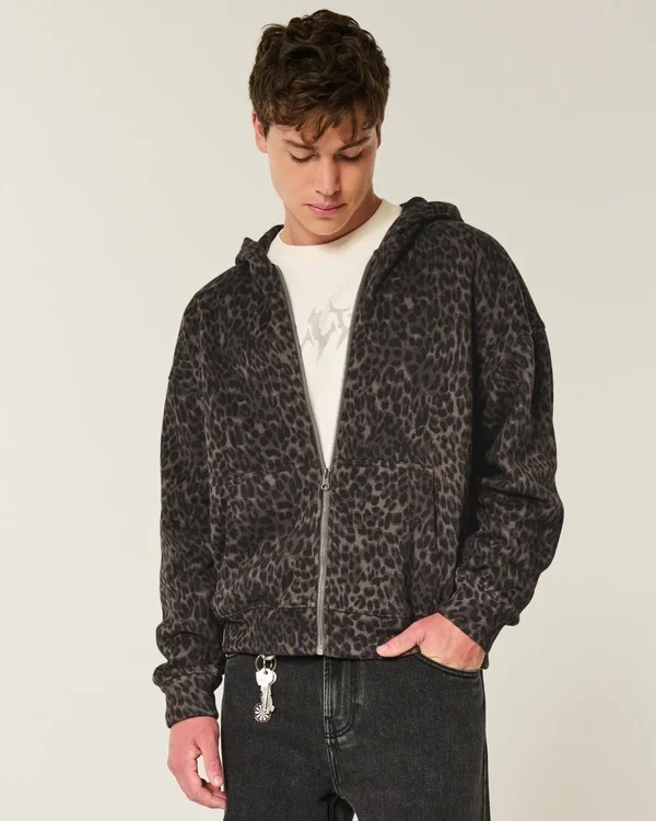 Bluza z kapturem i zamkiem błyskawicznym w panterkę Bluza z kapturem i zamkiem błyskawicznym w panterkę