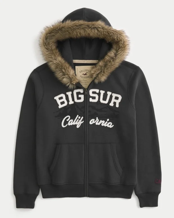 Bluza z kapturem i zamkiem błyskawicznym z grafiką Big Sur, wykończona sztucznym futerkiem Bluza z kapturem i zamkiem błyskawicznym z grafiką Big Sur, wykończona sztucznym futerkiem