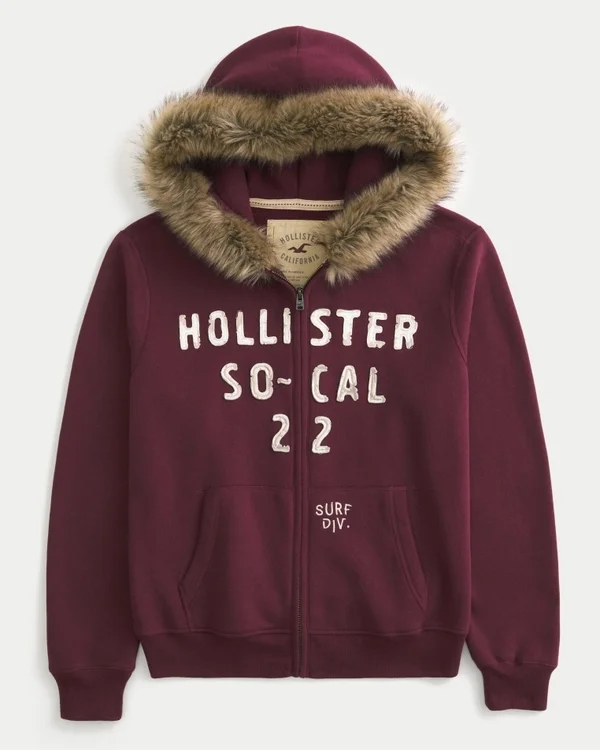 Bluza z kapturem i zamkiem błyskawicznym, z grafiką logo i wykończeniem ze sztucznego futra Bluza z kapturem i zamkiem błyskawicznym, z grafiką logo i wykończeniem ze sztucznego futra