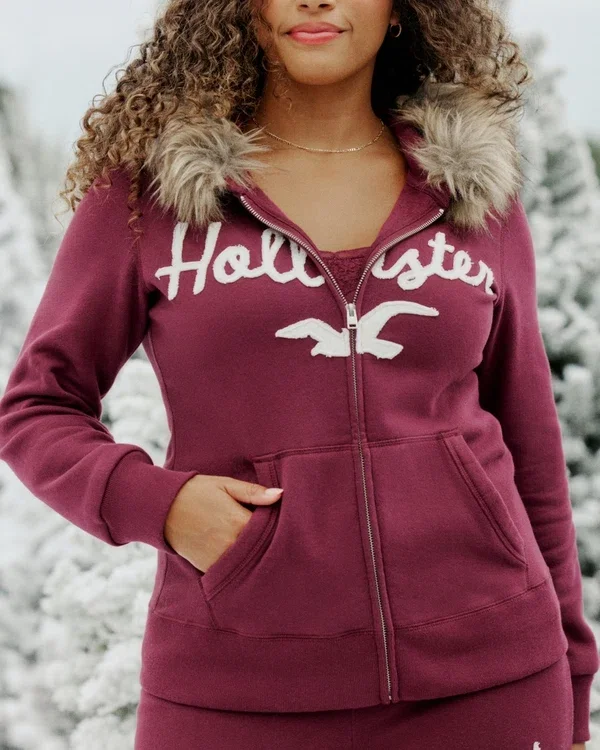 Bluza z kapturem i zamkiem błyskawicznym z logo i wykończeniem ze sztucznego futra Bluza z kapturem i zamkiem błyskawicznym z logo i wykończeniem ze sztucznego futra