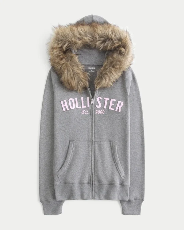 Bluza z kapturem i zamkiem błyskawicznym z logo i wykończeniem ze sztucznego futra Bluza z kapturem i zamkiem błyskawicznym z logo i wykończeniem ze sztucznego futra