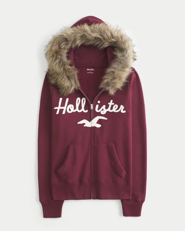 Bluza z kapturem i zamkiem błyskawicznym z logo i wykończeniem ze sztucznego futra Bluza z kapturem i zamkiem błyskawicznym z logo i wykończeniem ze sztucznego futra