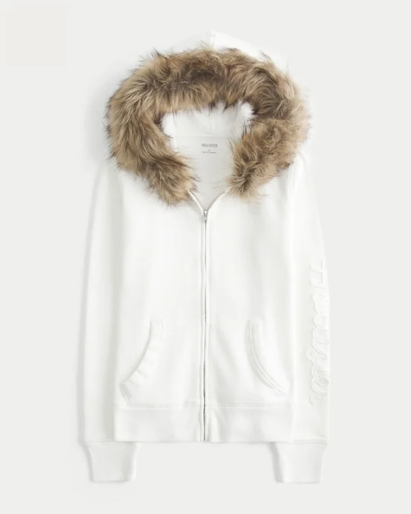 Bluza z kapturem i zamkiem błyskawicznym z logo i wykończeniem ze sztucznego futra Bluza z kapturem i zamkiem błyskawicznym z logo i wykończeniem ze sztucznego futra