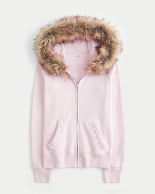 Bluza z kapturem i zamkiem błyskawicznym z wykończeniem ze sztucznego futra Bluza z kapturem i zamkiem błyskawicznym z wykończeniem ze sztucznego futra