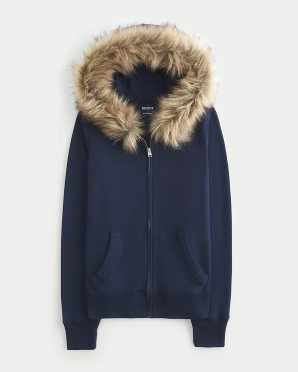 Bluza z kapturem i zamkiem błyskawicznym z wykończeniem ze sztucznego futra Bluza z kapturem i zamkiem błyskawicznym z wykończeniem ze sztucznego futra