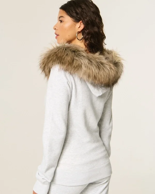 Bluza z kapturem i zamkiem błyskawicznym z wykończeniem ze sztucznego futra Bluza z kapturem i zamkiem błyskawicznym z wykończeniem ze sztucznego futra