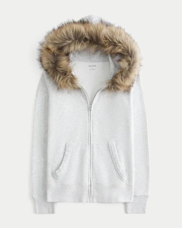 Bluza z kapturem i zamkiem błyskawicznym z wykończeniem ze sztucznego futra Bluza z kapturem i zamkiem błyskawicznym z wykończeniem ze sztucznego futra