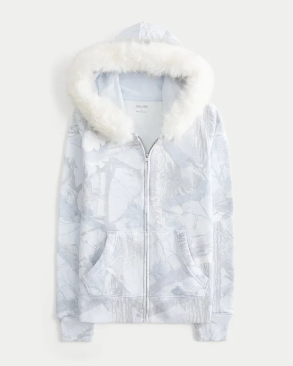 Bluza z kapturem w kamuflażu z zamkiem błyskawicznym i wykończeniem ze sztucznego futra Bluza z kapturem w kamuflażu z zamkiem błyskawicznym i wykończeniem ze sztucznego futra