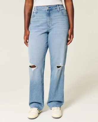 Dżinsy typu dad jeans z wysokim stanem, z przetarciami i średnim wypraniem