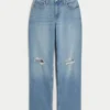 Dżinsy typu dad jeans z wysokim stanem, z przetarciami i średnim wypraniem Dżinsy typu dad jeans z wysokim stanem, z przetarciami i średnim wypraniem