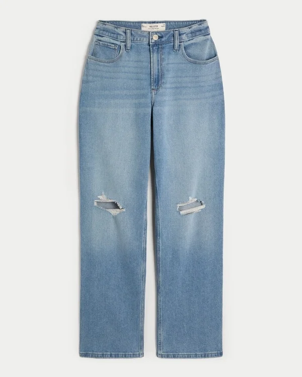 Dżinsy typu dad jeans z wysokim stanem, z przetarciami i średnim wypraniem Dżinsy typu dad jeans z wysokim stanem, z przetarciami i średnim wypraniem