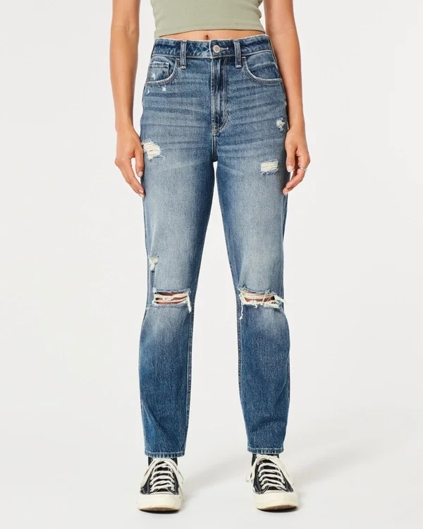 Dżinsy typu mom jeans z bardzo wysokim stanem, przetarciami i średnim wybarwieniem Dżinsy typu mom jeans z bardzo wysokim stanem, przetarciami i średnim wybarwieniem