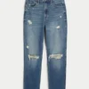 Dżinsy typu mom jeans z bardzo wysokim stanem, przetarciami i średnim wybarwieniem Dżinsy typu mom jeans z bardzo wysokim stanem, przetarciami i średnim wybarwieniem