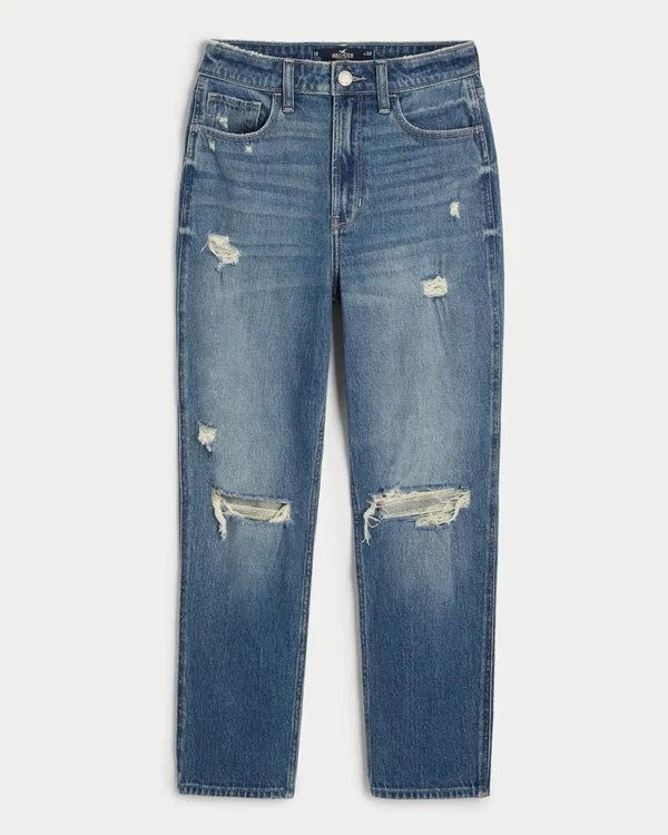 Dżinsy typu mom jeans z bardzo wysokim stanem, przetarciami i średnim wybarwieniem Dżinsy typu mom jeans z bardzo wysokim stanem, przetarciami i średnim wybarwieniem