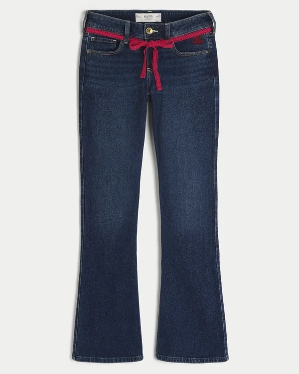 Dżinsy z niskim stanem, ciemnym wybarwieniem i czerwonymi sznurkami w pasie, o kroju bootcut Dżinsy z niskim stanem, ciemnym wybarwieniem i czerwonymi sznurkami w pasie, o kroju bootcut