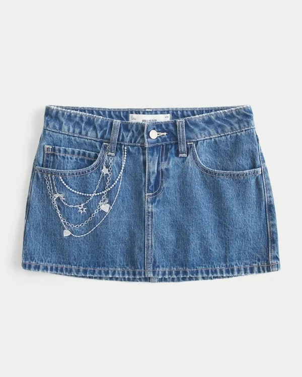Mini spódniczka jeansowa z haftowanym łańcuszkiem, średnio sprana Mini spódniczka jeansowa z haftowanym łańcuszkiem, średnio sprana