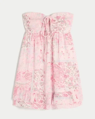Mini sukienka babydoll bez ramiączek z falbanami