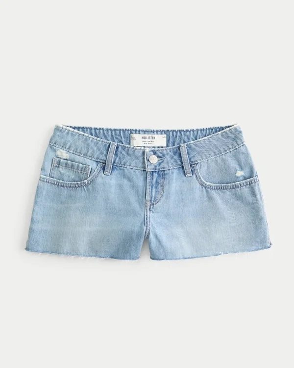 Mini szorty jeansowe z bardzo niskim stanem, przetarte, średnio sprane Mini szorty jeansowe z bardzo niskim stanem, przetarte, średnio sprane