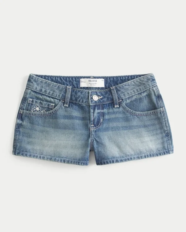 Mini szorty jeansowe z haftowanym kwiatowym wzorem, ultra niskim stanem i średnim odcieniem Mini szorty jeansowe z haftowanym kwiatowym wzorem, ultra niskim stanem i średnim odcieniem