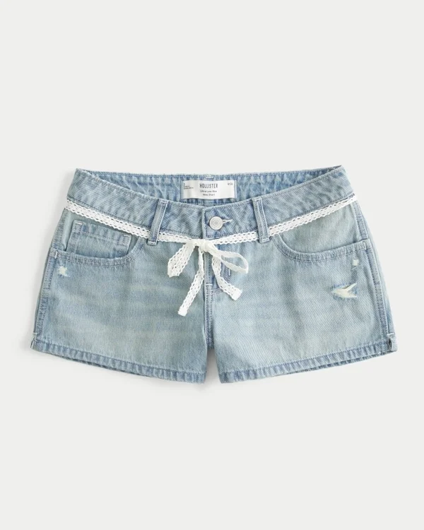 Mini szorty jeansowe z ultra niskim stanem, jasnym wybarwieniem i koronką do wiązania Mini szorty jeansowe z ultra niskim stanem, jasnym wybarwieniem i koronką do wiązania