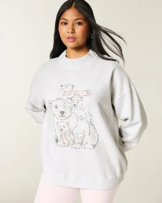 Oversize’owa bluza z golfem i nadrukiem niedźwiedzia Oversize’owa bluza z golfem i nadrukiem niedźwiedzia