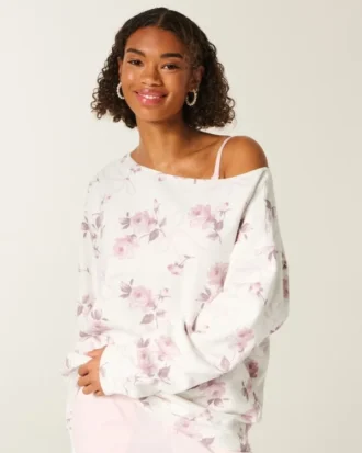 Oversize’owa bluza z odkrytymi ramionami i kwiatowym wzorem w kokardki