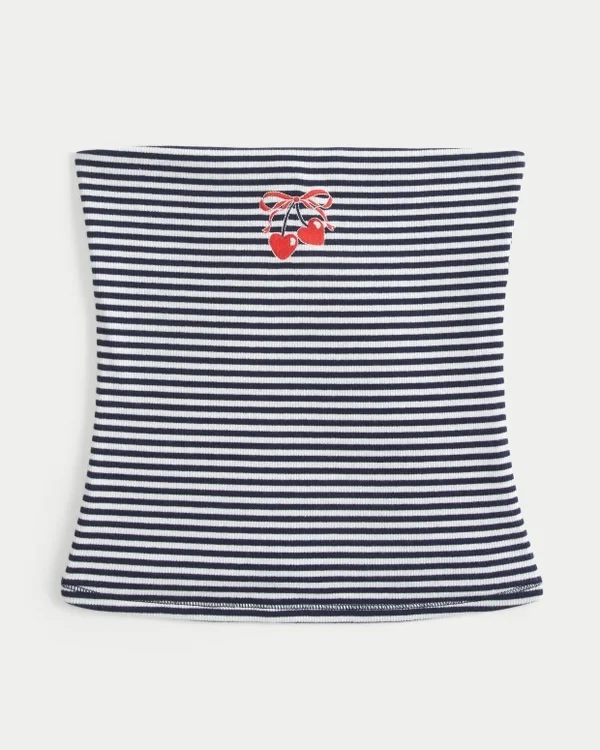 Ribbed Strapless Embroidered Cherry Tube Top Ribbed Strapless Embroidered Cherry Tube Top