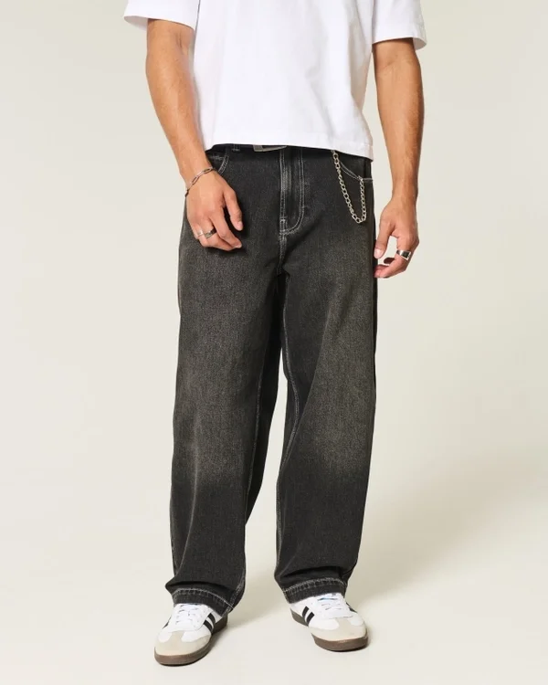 Sprane czarne jeansy skater baggy z haftowanym wężem Sprane czarne jeansy skater baggy z haftowanym wężem