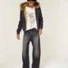 Sprane czarne jeansy skater baggy z nadrukiem Sprane czarne jeansy skater baggy z nadrukiem
