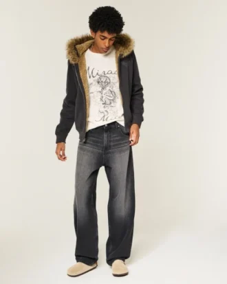 Sprane czarne jeansy skater baggy z nadrukiem