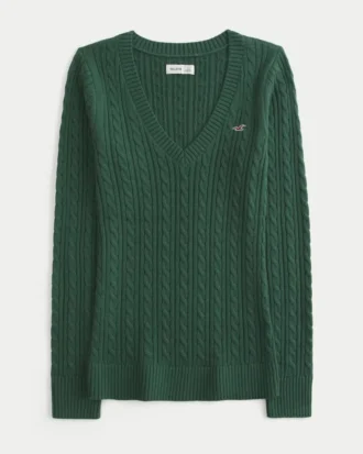 Sweter z dzianiny warkoczowej z dekoltem w serek