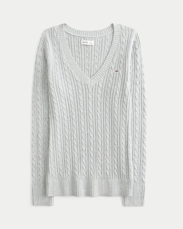 Sweter z dzianiny warkoczowej z dekoltem w serek Sweter z dzianiny warkoczowej z dekoltem w serek