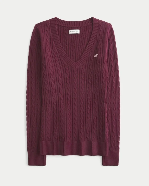 Sweter z dzianiny warkoczowej z dekoltem w serek Sweter z dzianiny warkoczowej z dekoltem w serek