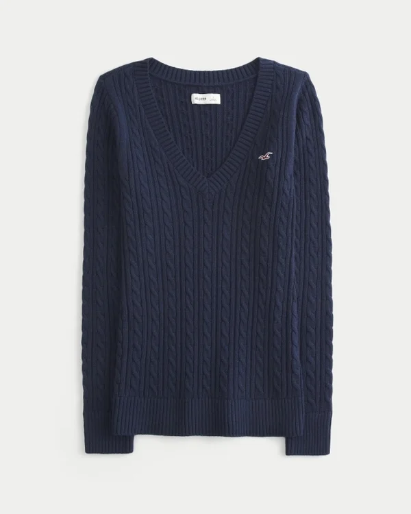 Sweter z dzianiny warkoczowej z dekoltem w serek Sweter z dzianiny warkoczowej z dekoltem w serek
