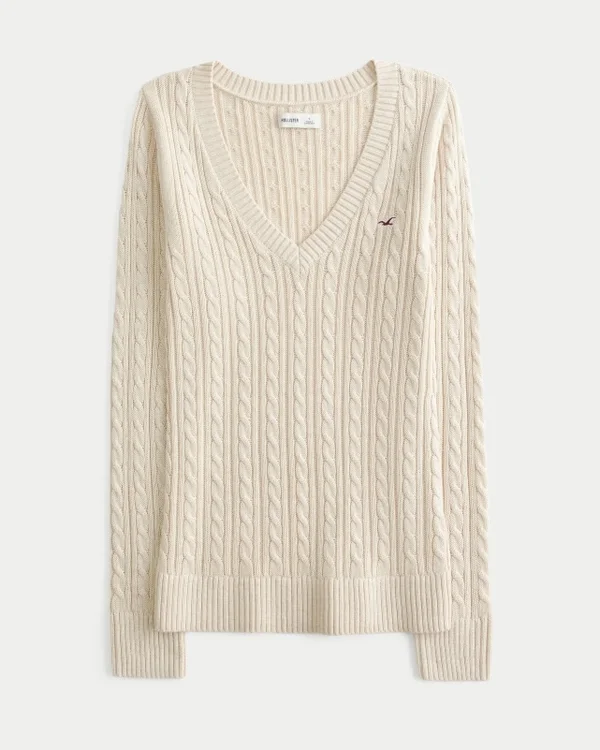 Sweter z dzianiny warkoczowej z dekoltem w serek Sweter z dzianiny warkoczowej z dekoltem w serek