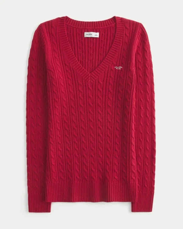 Sweter z dzianiny warkoczowej z dekoltem w serek Sweter z dzianiny warkoczowej z dekoltem w serek