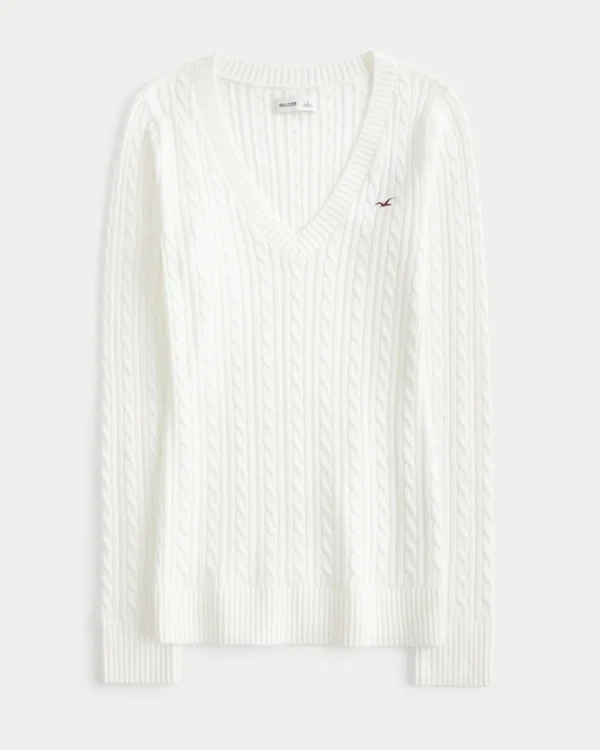 Sweter z dzianiny warkoczowej z dekoltem w serek Sweter z dzianiny warkoczowej z dekoltem w serek