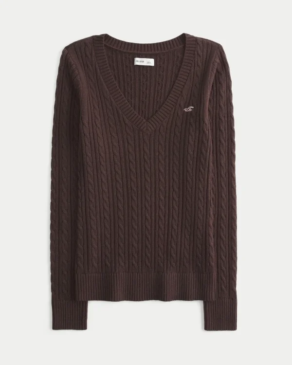 Sweter z dzianiny warkoczowej z dekoltem w serek Sweter z dzianiny warkoczowej z dekoltem w serek