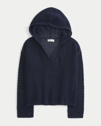 Sweter z kapturem i dekoltem w serek w stylu szydełkowym