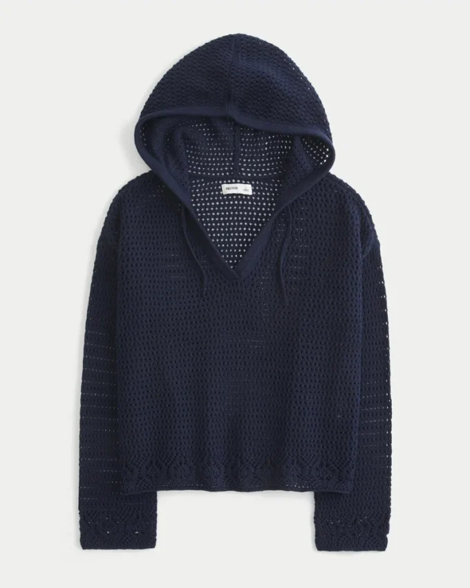 Sweter z kapturem i dekoltem w serek w stylu szydełkowym Sweter z kapturem i dekoltem w serek w stylu szydełkowym
