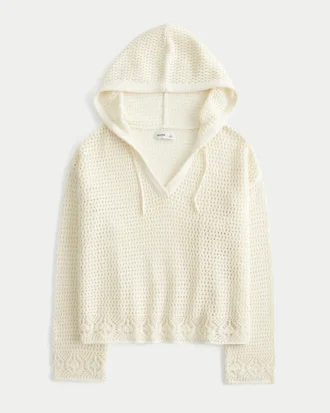 Sweter z kapturem i dekoltem w serek w stylu szydełkowym