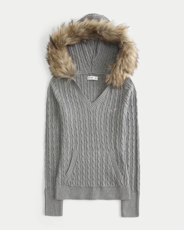 Sweter z kapturem i wykończeniem ze sztucznego futra Sweter z kapturem i wykończeniem ze sztucznego futra