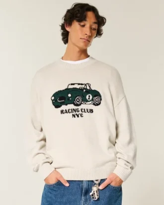 Sweter z nadrukiem Boxy Racing Graphic Crew