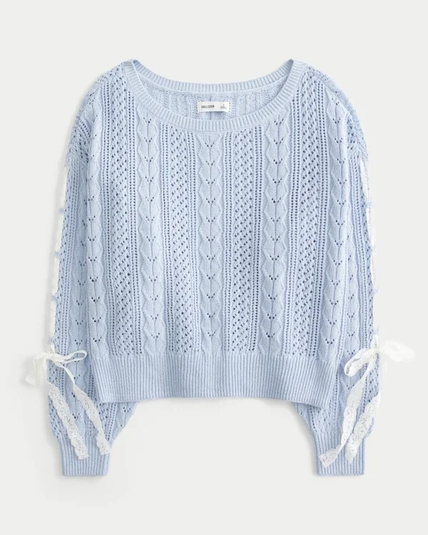 Sweter z rękawami z kokardkami i splotem warkoczowym Sweter z rękawami z kokardkami i splotem warkoczowym