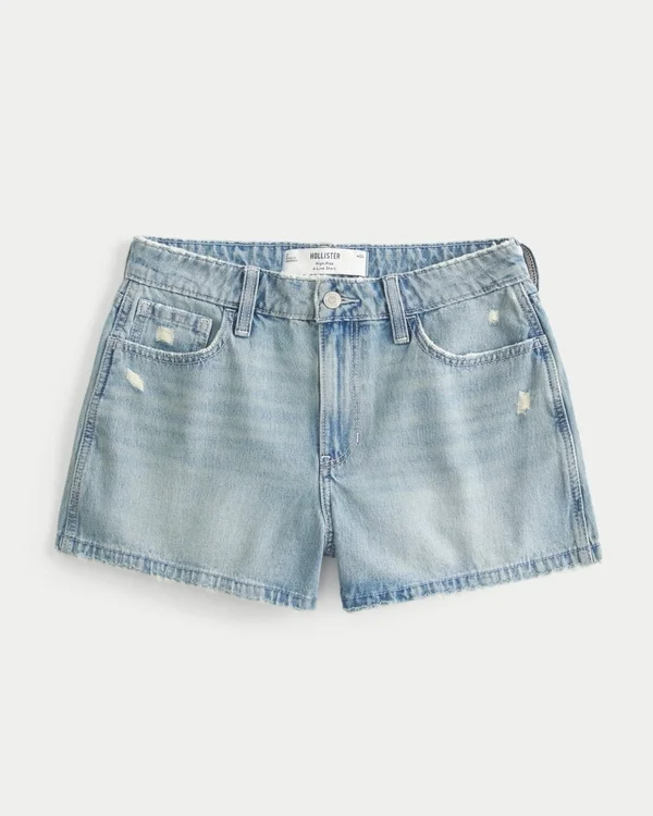 Szorty jeansowe z wysokim stanem, postarzane, jasne, o kroju litery A Szorty jeansowe z wysokim stanem, postarzane, jasne, o kroju litery A